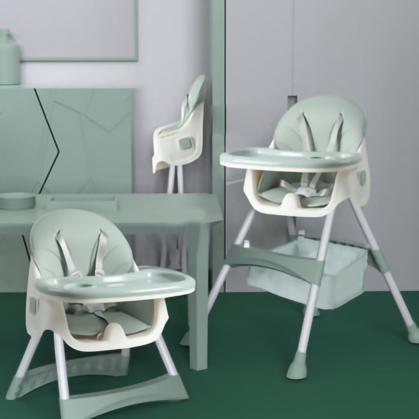 Baby Feeding Chair Folding Adjustable Safe Portable Comfortable Toddler Dining Chair with Safety Belt for Home Green